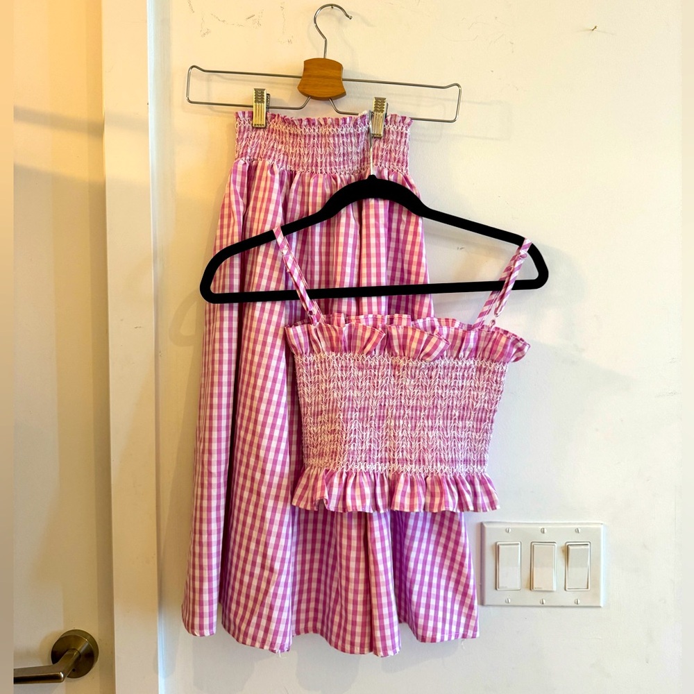 Pink Gingham Smocked Crop Top & Midi Skirt Set Size Small